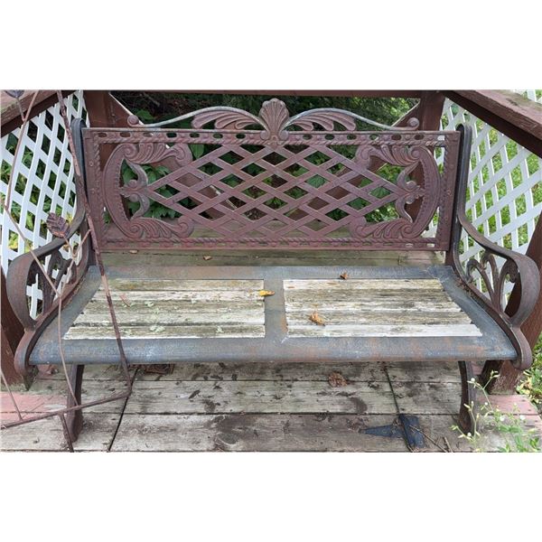 Cast Iron Outdoor Bench with Three Hanging Pot Holders and Decorative Garden Trellis