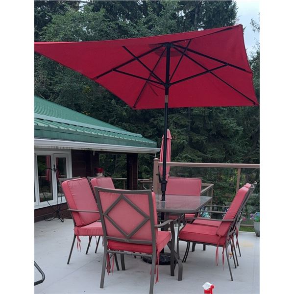 Six Chair Red Patio Dinette Set with Glass Table and Umbrella