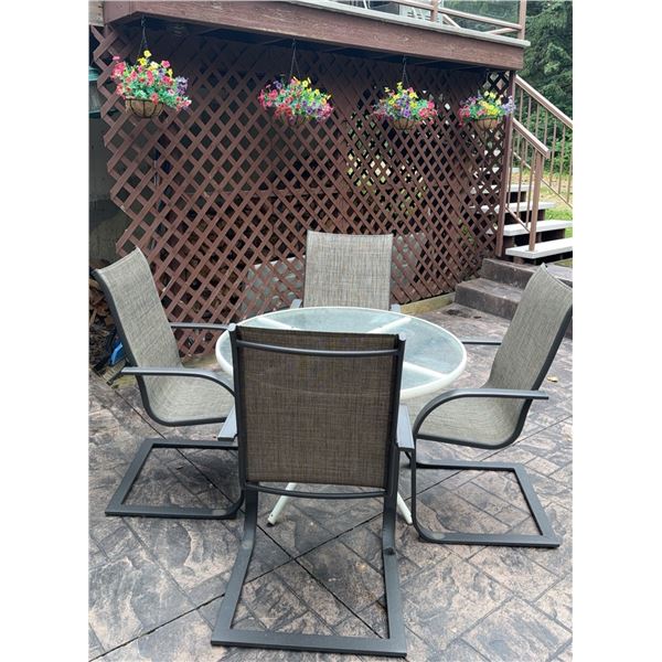 Outdoor Patio Set with Glass Table and Four Metal Sling Chairs