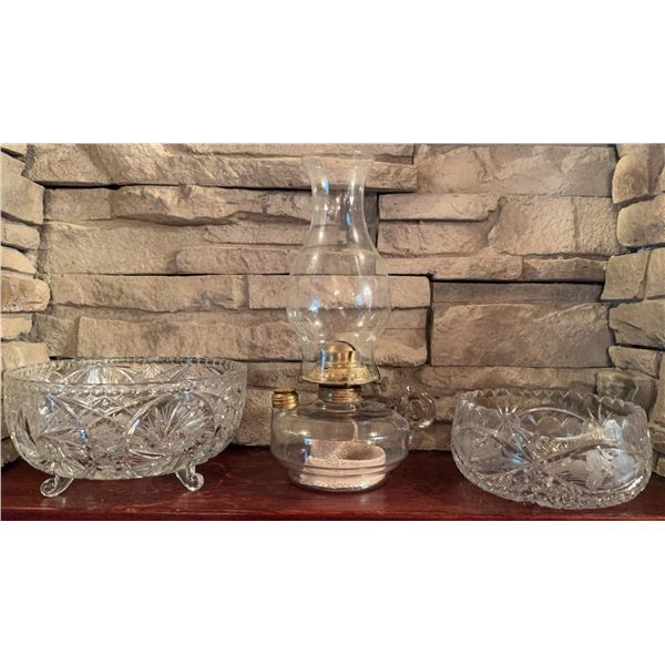 Glass Oil Lamp with Brass Burner and Two Cut Glass Bowls