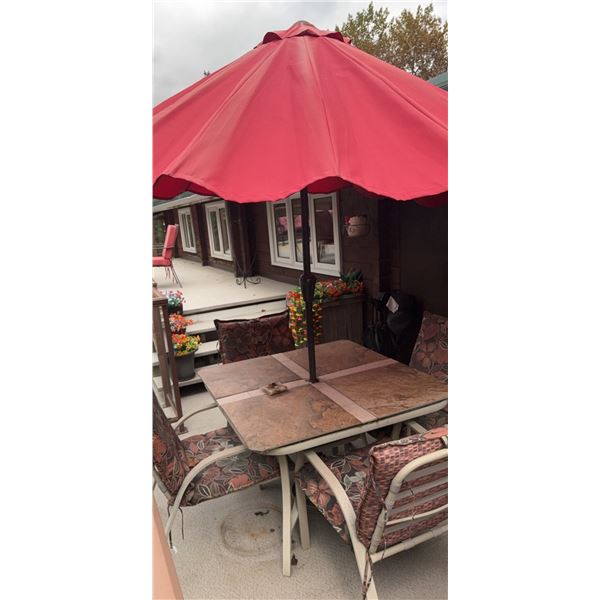 Patio Dining Set with Stone-Top Table, Four Cushioned Chairs, and Red Umbrella