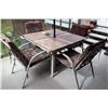 Image 2 : Patio Dining Set with Stone-Top Table, Four Cushioned Chairs, and Red Umbrella