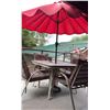 Image 3 : Patio Dining Set with Stone-Top Table, Four Cushioned Chairs, and Red Umbrella