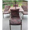 Image 4 : Patio Dining Set with Stone-Top Table, Four Cushioned Chairs, and Red Umbrella