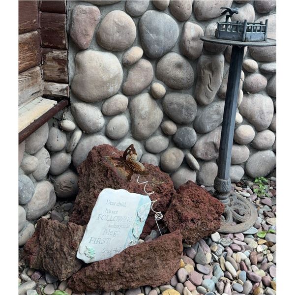 Meadow Birdbath with Metal Pedestal, Lava Rock Stones, and Garden Plaque