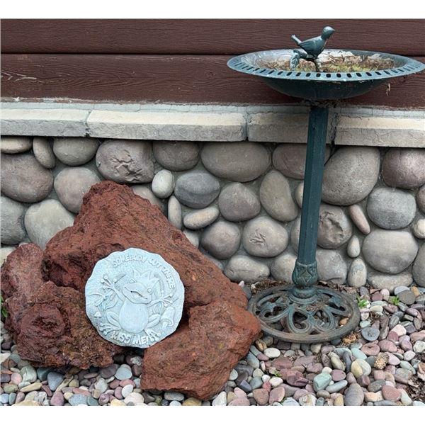 Metal Birdbath with Lava Rock Stones and Decorative Plaque