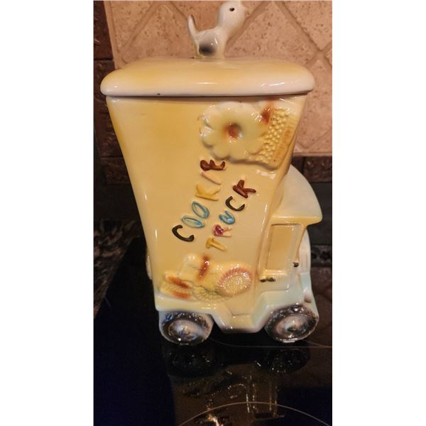 Yellow Ceramic Cookie Truck Shaped Cookie Jar with Bird Finial