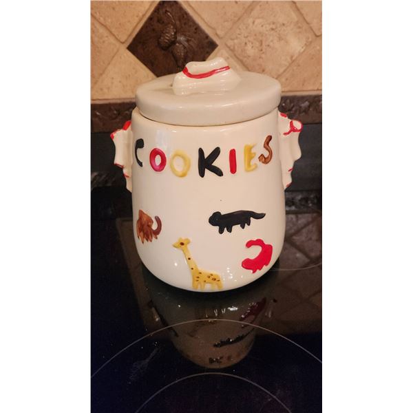 Ceramic Cookie Jar with Animal Motif and Red Trim