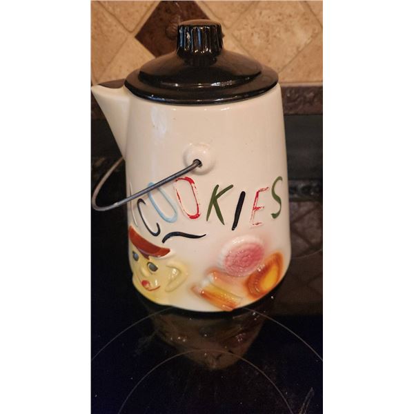 Ceramic Cookie Jar Shaped Like Coffee Pot with Painted Face