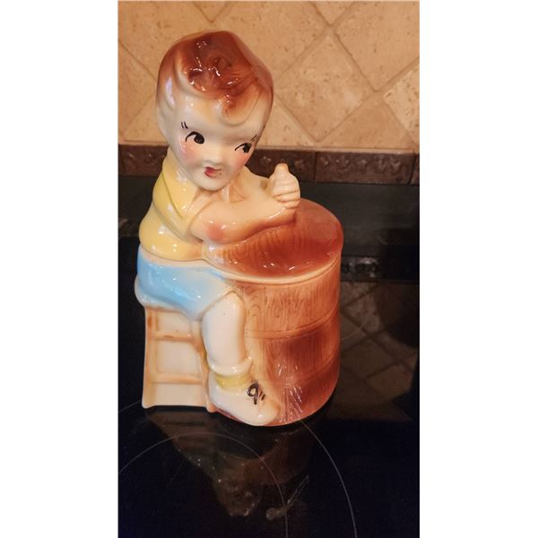 Glazed Ceramic Boy Cookie Jar with Barrel Motif