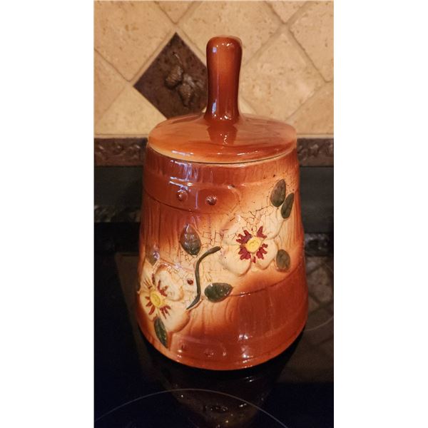Ceramic Lidded Jar with Floral Motif and Crackle Glaze Finish