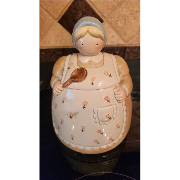 Otagiri Ceramic Cookie Jar with Lady Wearing Apron and Blue Bonnet