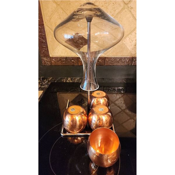 Coppercraft Guild Copper Cups and Glass Decanter w/ Stand