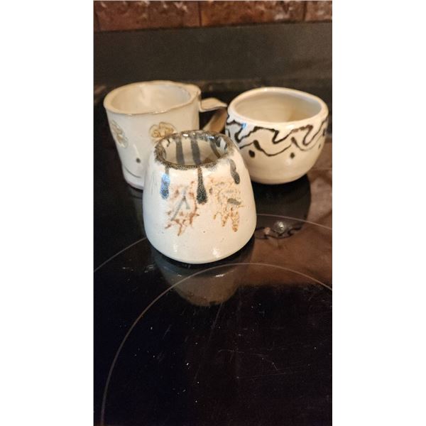 Three Handcrafted Glazed Stoneware Cups, Tallest 3 Inches