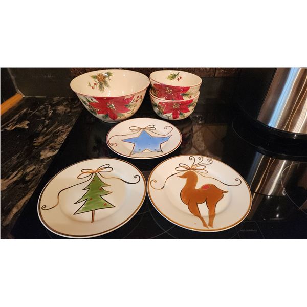 Holiday Themed Porcelain Servingware Including Plates and Bowls by Pier 1 and Noel