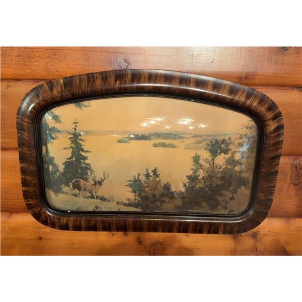 Framed Deer Landscape Print with Curved Glass and Faux Wood Frame