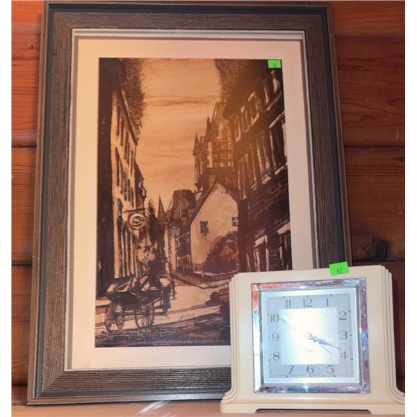 Framed Street Scene Print and Smiths Sectric Electric Mantel Clock