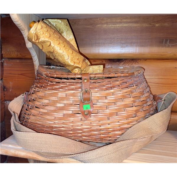 Woven Fishing Creel Basket with Nylon Shoulder Strap and Yellow Folding Umbrella