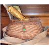 Image 1 : Woven Fishing Creel Basket with Nylon Shoulder Strap and Yellow Folding Umbrella