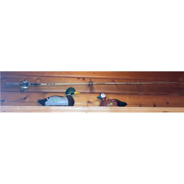 Spinning Fishing Rod with Reel and Two Painted Duck Decoys