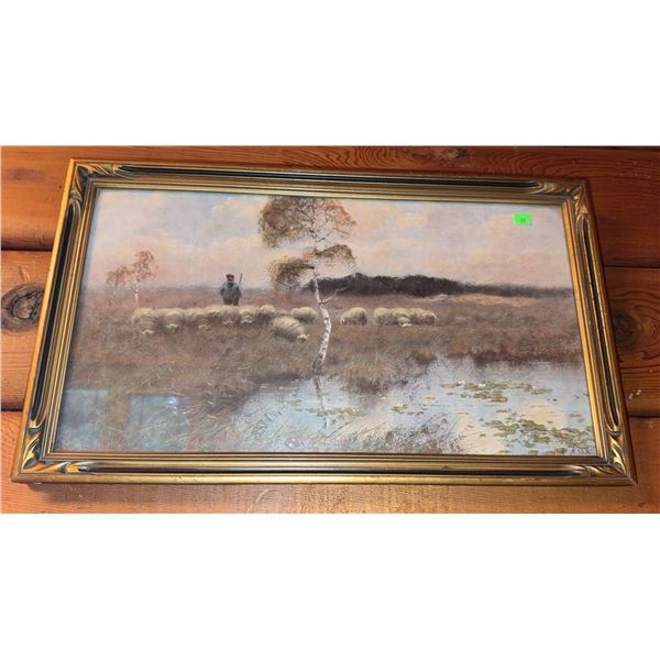 Framed Print of Shepherd With Sheep by Pond Landscape Scene