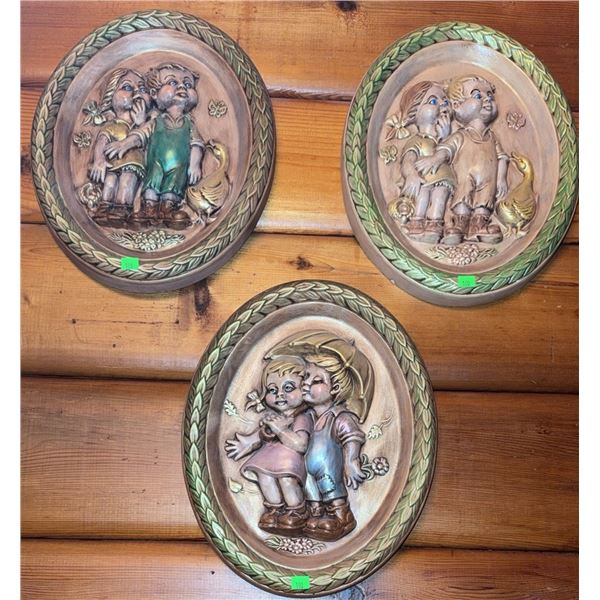 Three Oval Plaster Wall Plaques with Children and Animals Relief