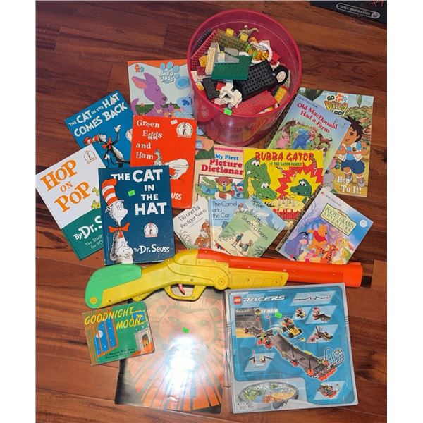 Children's Book Lot with LEGO Racers Set, Loose LEGO Bricks, and Toy Blaster