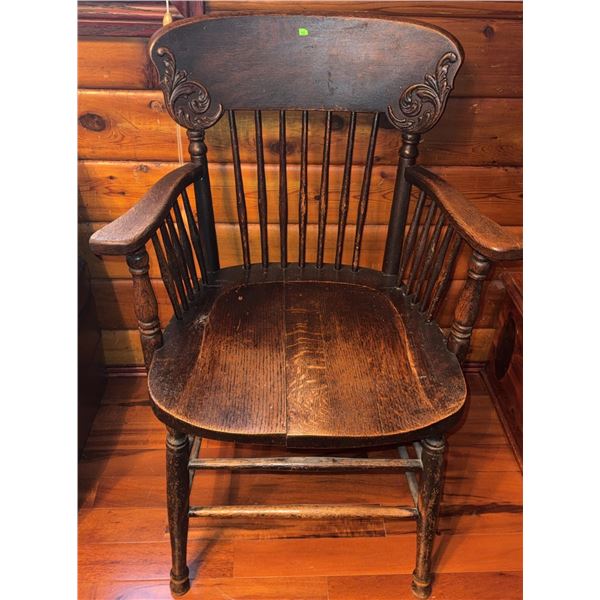 Spindle Back Oak Armchair with Carved Crest Rail