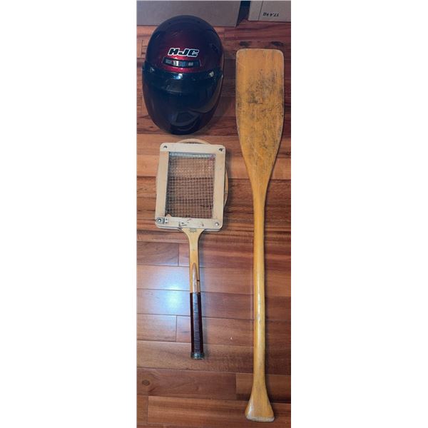 HJC Full-Face Helmet, Wooden Canoe Paddle and Square Tennis Racquet