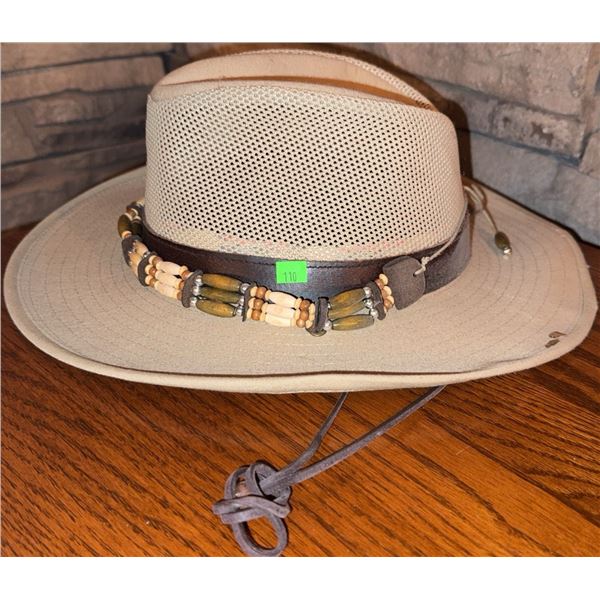 Beige Mesh Safari Hat with Decorative Beaded Band and Chin Strap