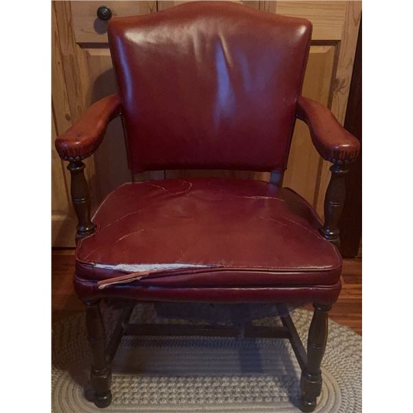 Upholstered Wood Armchair with Red Vinyl Covering