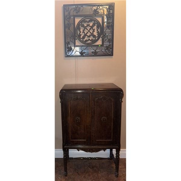 Wooden Cabinet with Double Doors and Metal Wall Art Panel