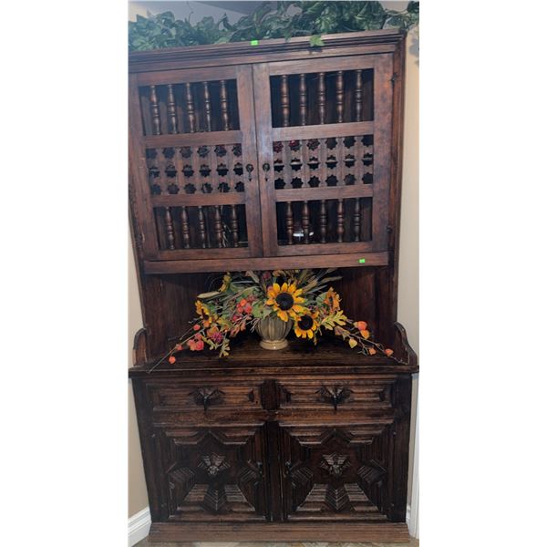 Dark Wood Corner Hutch Cabinet with Ornate Carved Doors and Upper Shelving