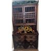 Image 1 : Dark Wood Corner Hutch Cabinet with Ornate Carved Doors and Upper Shelving