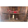 Image 2 : Dark Wood Corner Hutch Cabinet with Ornate Carved Doors and Upper Shelving
