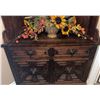 Image 3 : Dark Wood Corner Hutch Cabinet with Ornate Carved Doors and Upper Shelving