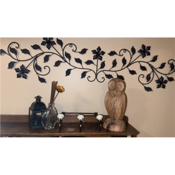 Home Decor Lot: Wood Owl Sculpture, Iron Wall Art, Hooks, Lantern, and Glass Wall Vases