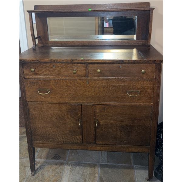 Oak Sideboard with Mirrored Back and Brass Hardware