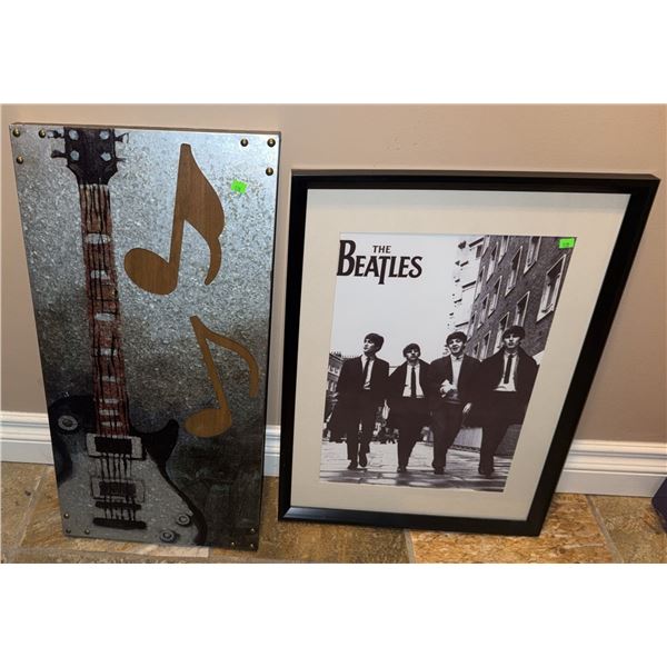 Framed Beatles Poster and Metal Guitar Wall Art Lot