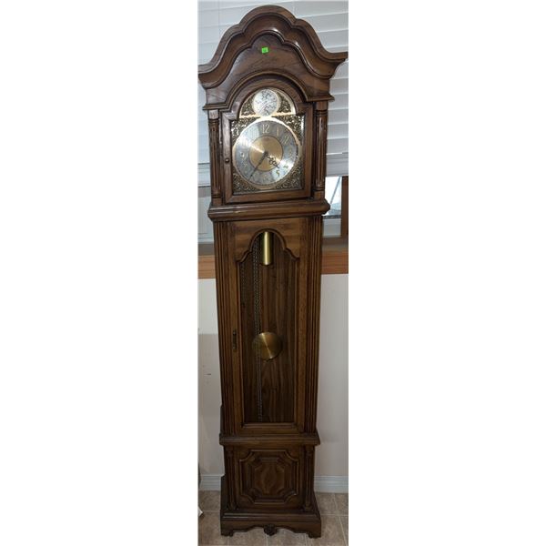 Tempus Fugit Grandfather Clock with Oak Case and Brass Weights
