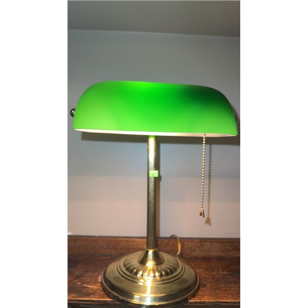 Brass Desk Lamp with Green Glass Shade and Pull Chain Switch