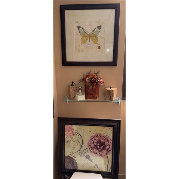Bathroom Decor Lot with Framed Art, Marble Dispensers, and Faux Floral Arrangement