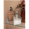 Image 6 : Bathroom Decor Lot with Framed Art, Marble Dispensers, and Faux Floral Arrangement