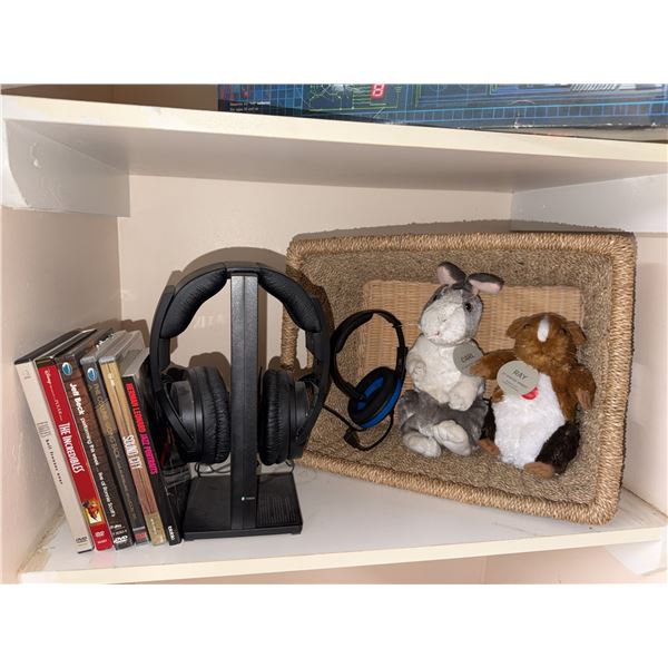 Sony MDR-RF925RK Wireless Headphones, Wired Gaming Headset, DVDs, and Stuffed Animals Lot