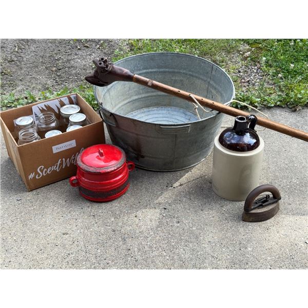 Household Items with Medalta Medicine Hat Jug, Sad Iron, Red Enamel Pot, and Mason Jars