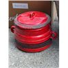 Image 6 : Household Items with Medalta Medicine Hat Jug, Sad Iron, Red Enamel Pot, and Mason Jars