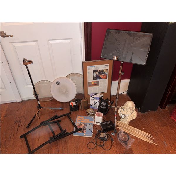 Musician’s Lot with Drumsticks, Drum Heads, Stand, Sheet Music Stand, Accessories