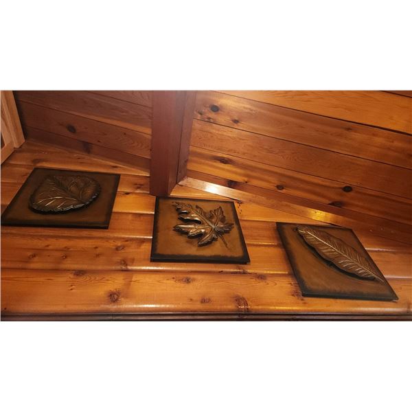 Three Metal Leaf Wall Decor Panels, 15 x 15 Inches Each