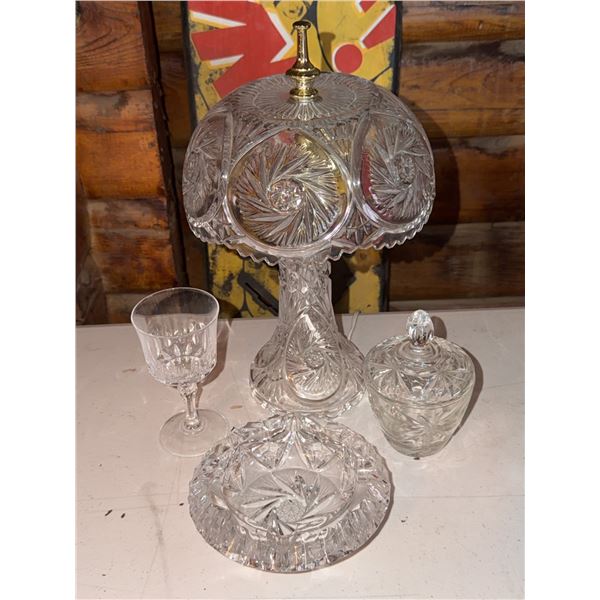 Cut Glass Table Lamp, Lidded Candy Dish, Ashtray, and Stemmed Glassware Group