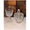 Image 5 : Cut Glass Table Lamp, Lidded Candy Dish, Ashtray, and Stemmed Glassware Group